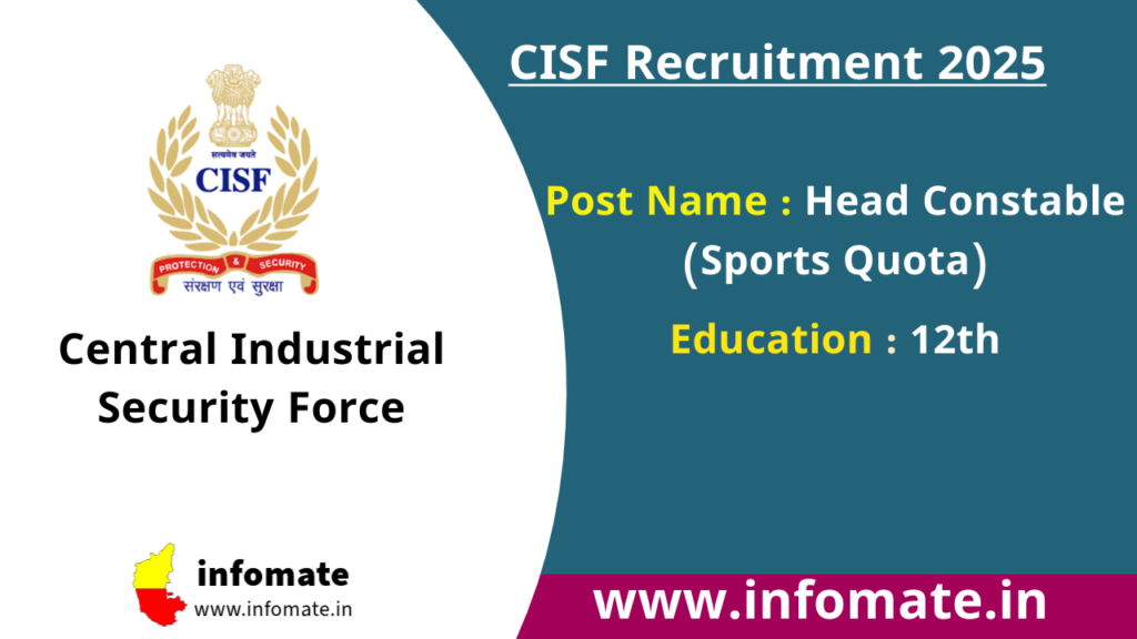 CISF Recruitment 2025: Apply for 30 Head Constable (Sports Quota) vacancies.